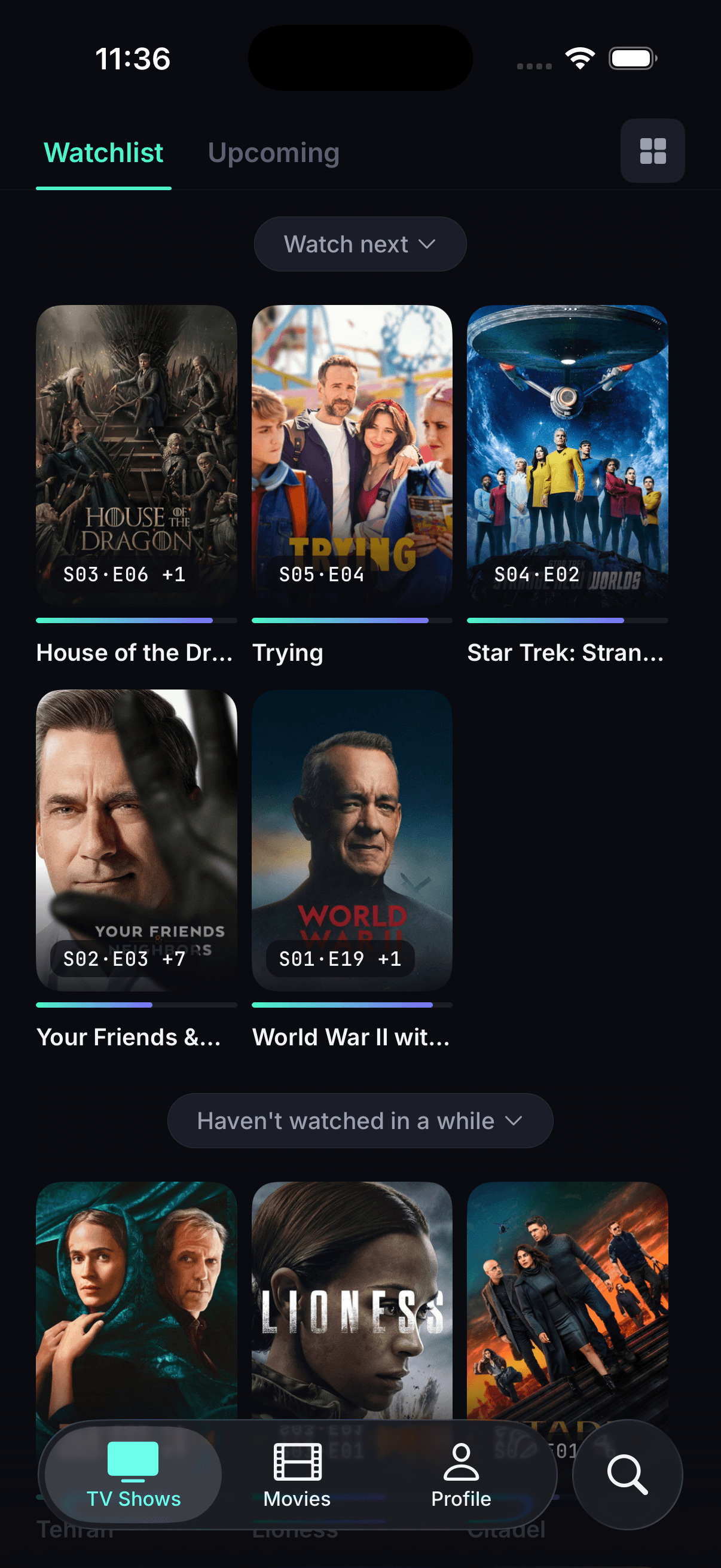 Airing watchlist with TV shows and episode progress